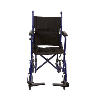 Lightweight Transport Chair McKesson Aluminum Frame with Blue Finish 300 lbs. Weight Capacity Fixed Height / Padded Arm Black Upholstery