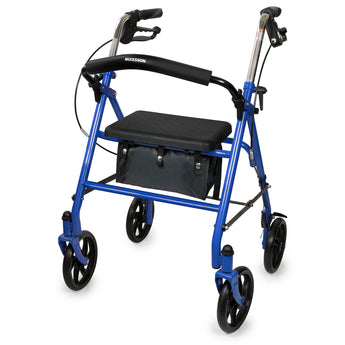 4 Wheel Rollator McKesson Blue Adjustable Height / Folding Steel Frame