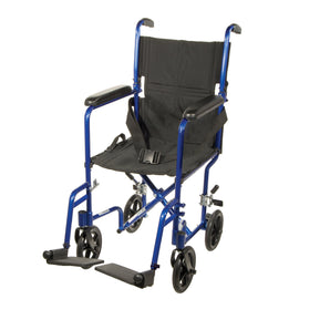 Lightweight Transport Chair Aluminum Frame with Blue Finish 300 lbs. Weight Capacity Fixed Height / Padded Arm Black Upholstery